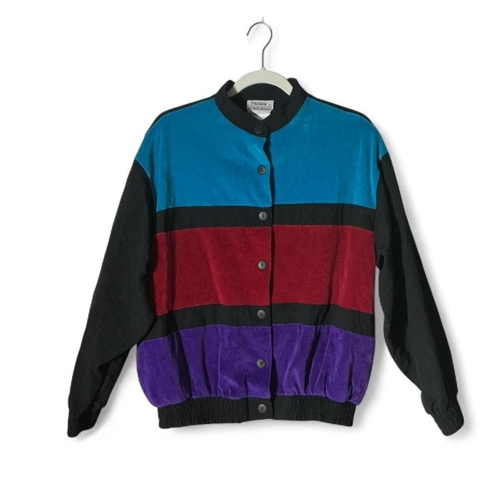 Fashion‎ Crossroads Vintage Colorblock Velvet Bomber Jacket Black Teal Purple M